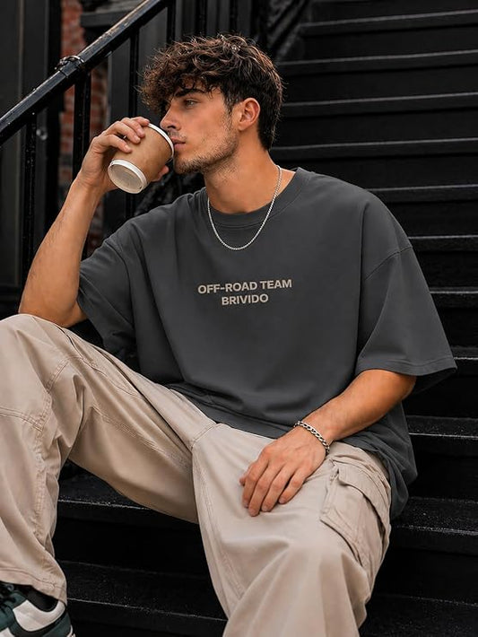 BRIVIDO Men’s 240 GSM Oversized Graphic T Shirt | Premium Cotton Relaxed Fit Drop Shoulder Streetwear Tee for Men | Off Road Jeep Adventure Travel Outdoor Desert Mountain Trail 4x4 Back Print Fashion