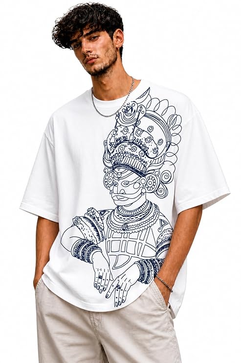 BRIVIDO Men’s 240 GSM Oversized Graphic T Shirt | Premium Cotton Relaxed Fit Drop Shoulder Streetwear Tee | Theyyam Line Art Sketch Graphic Kerala Heritage Indian Cultural Monochrome Ethnic Fashion