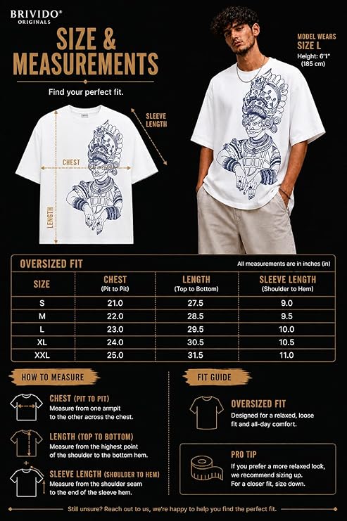 BRIVIDO Men’s 240 GSM Oversized Graphic T Shirt | Premium Cotton Relaxed Fit Drop Shoulder Streetwear Tee | Theyyam Line Art Sketch Graphic Kerala Heritage Indian Cultural Monochrome Ethnic Fashion