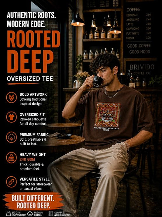 BRIVIDO Men’s 240 GSM Oversized Graphic T Shirt | Premium Cotton Relaxed Fit Drop Shoulder Streetwear| Theyyam Tribal Art Kerala Heritage Indian Culture Artistic Fashion Rooted Deep Graphic Tee