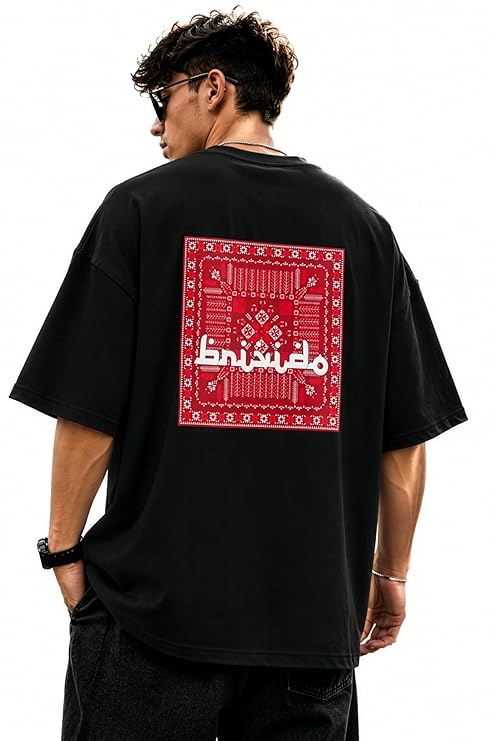 BRIVIDO Men’s 240 GSM Oversized Graphic T Shirt | Premium Heavyweight Cotton Relaxed Fit Drop Shoulder Streetwear Tee | Raised 3DPuff Back Print Korean Urban Luxury Arabic Bandana Aesthetic Fashion