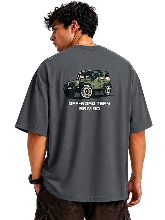 BRIVIDO Men’s 240 GSM Oversized Graphic T Shirt | Premium Cotton Relaxed Fit Drop Shoulder Streetwear Tee for Men | Off Road Jeep Adventure Travel Outdoor Desert Mountain Trail 4x4 Back Print Fashion