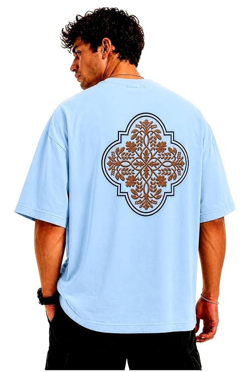 BRIVIDO Men’s 240 GSM Oversized Graphic T Shirt | Premium Cotton Relaxed Fit Drop Shoulder Streetwear Tee | Ornamental Arabic Pattern Heritage Back Puff Print Geometric Aesthetic Designer Fashion
